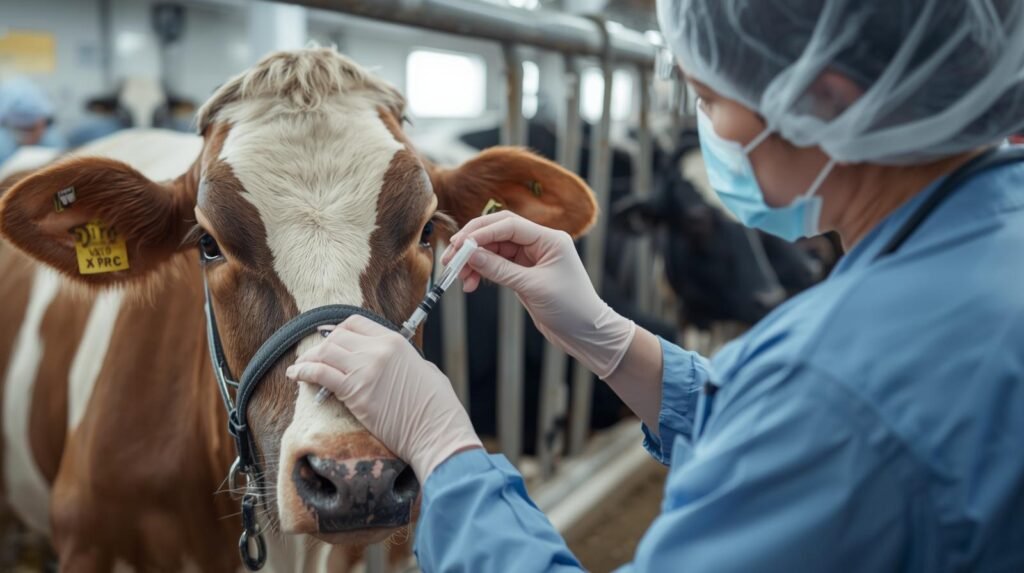 Veterinarian using animal hormones for livestock healthcare